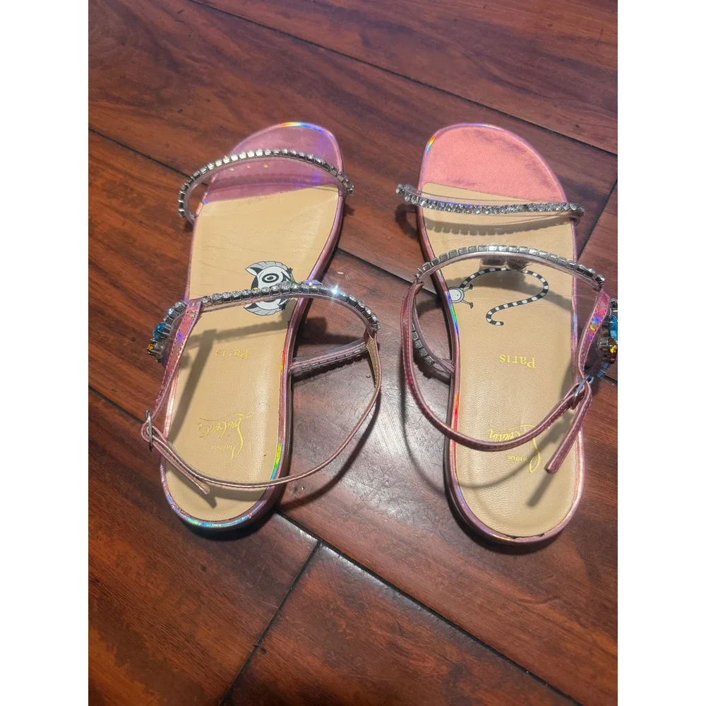 Christian Louboutin Kids Miniqueenie Pink Holographic Crystal Sandals Red Bottom